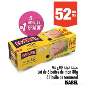 Lot de 6 boîtes de thon 80g à l’huile de tournesol ISABEL