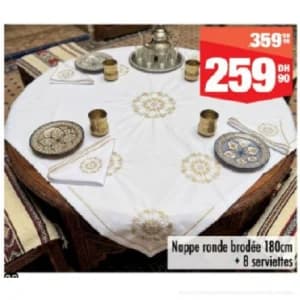 Nappe ronde brodée 180cm + 8 serviettes