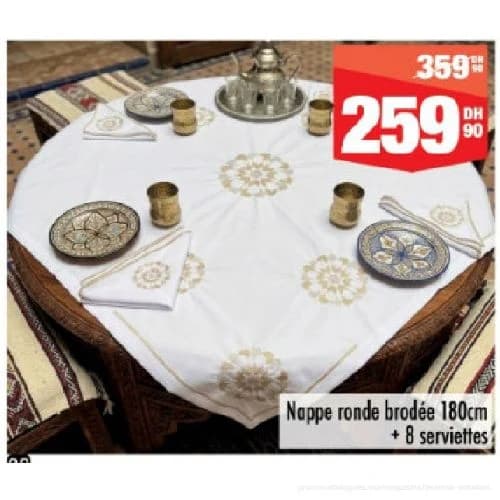 Nappe ronde brodée 180cm + 8 serviettes