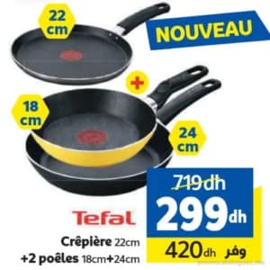 Crêpière 22cm + 2 Poêles 18cm et 24cm Tefal