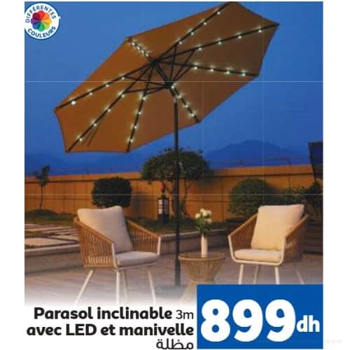 Parasol inclinable 3m avec LED et manivelle