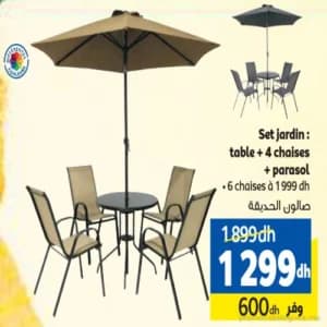 Set jardin : table + 4 chaises + parasol