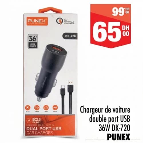 Chargeur de voiture PUNEX double port USB 36W DK-720