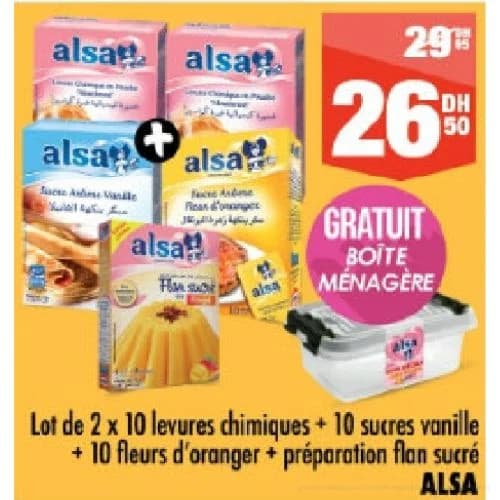 Lot ALSA : 2 x 10 Levures Chimiques + 10 Sucres Vanille + 10 Fleur d'Oranger + Flan + Boîte Gratuite