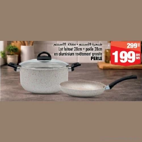 Lot Faitout 28cm + Poêle 28cm Perle en Aluminium Revêtement Granite