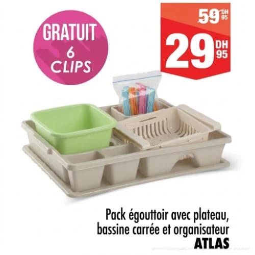 Pack égouttoir avec plateau, bassine carrée et organisateur - ATLAS