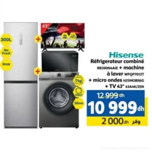Pack Hisense : Réfrigérateur 300L + Machine à Laver 7kg + Micro-ondes + TV 43" 4K