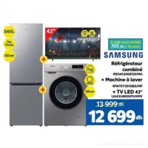 Pack Samsung : Réfrigérateur combiné + Machine à laver + TV LED 43"