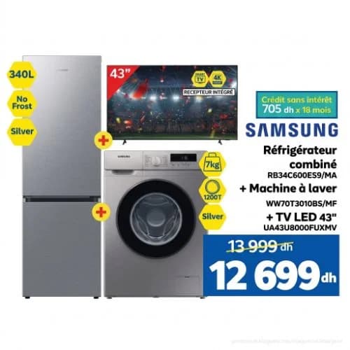 Pack Samsung : Réfrigérateur combiné + Machine à laver + TV LED 43"