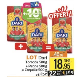 LOT Dari Pâtes : Torsade 500g + Penne 500g + Coquille 500g Offerte