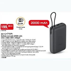 Batterie nomade 20000 mAh avec câble USB-C intégré